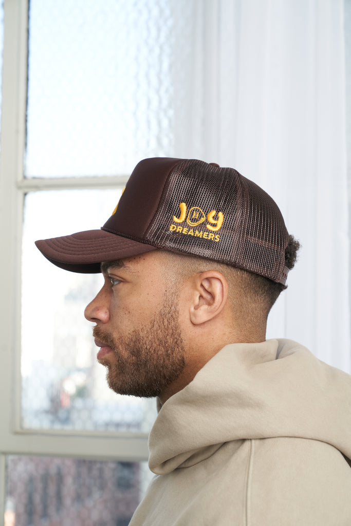 LA Los Angeles Brown and White Cap 5 Panel High Crown Trucker Hat