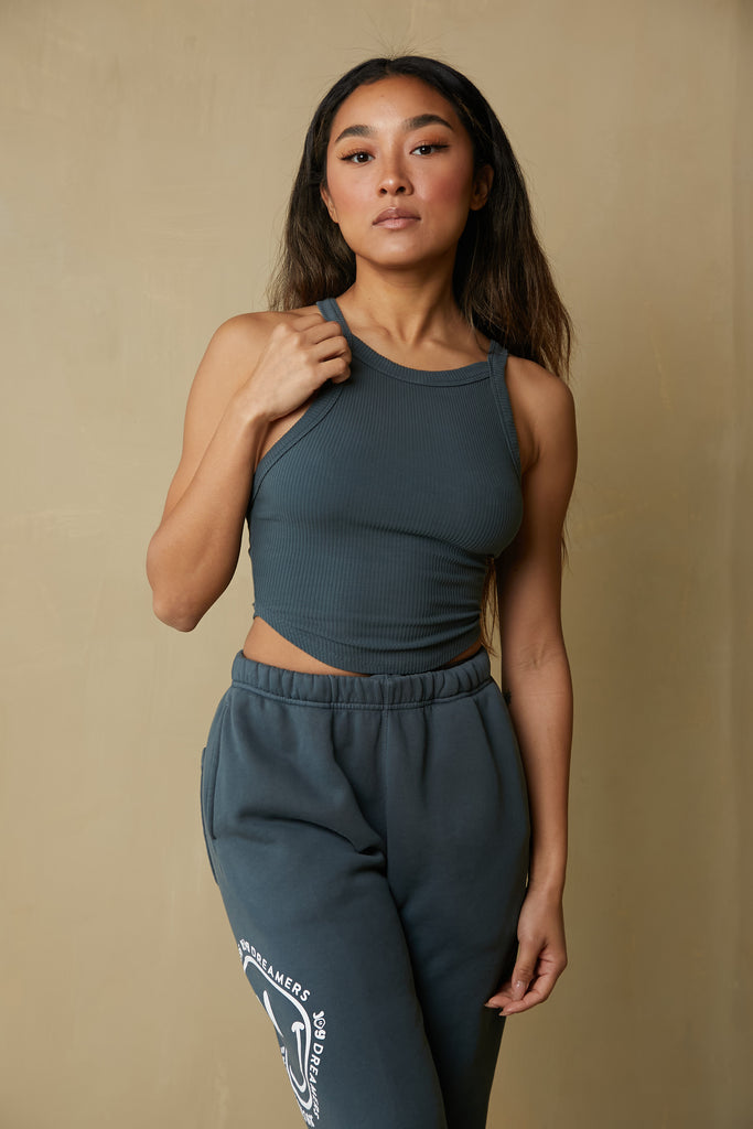 Asymmetrical Crop Ribbed Tank - Galaxy Teal - Joy Dreamers